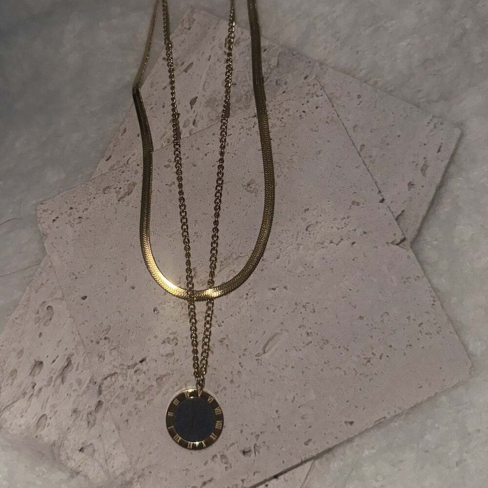 Round Pendant Necklace for Women, Gold Snake Bone Chain Roman Numerals Necklace
